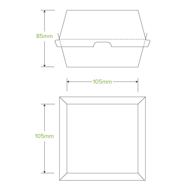 Technical drawing of a square Burger BioBoard food container, also referred to as a Burger Box, with dimensions: 85mm height, 105mm width, and 105mm length, shown in side and top views.