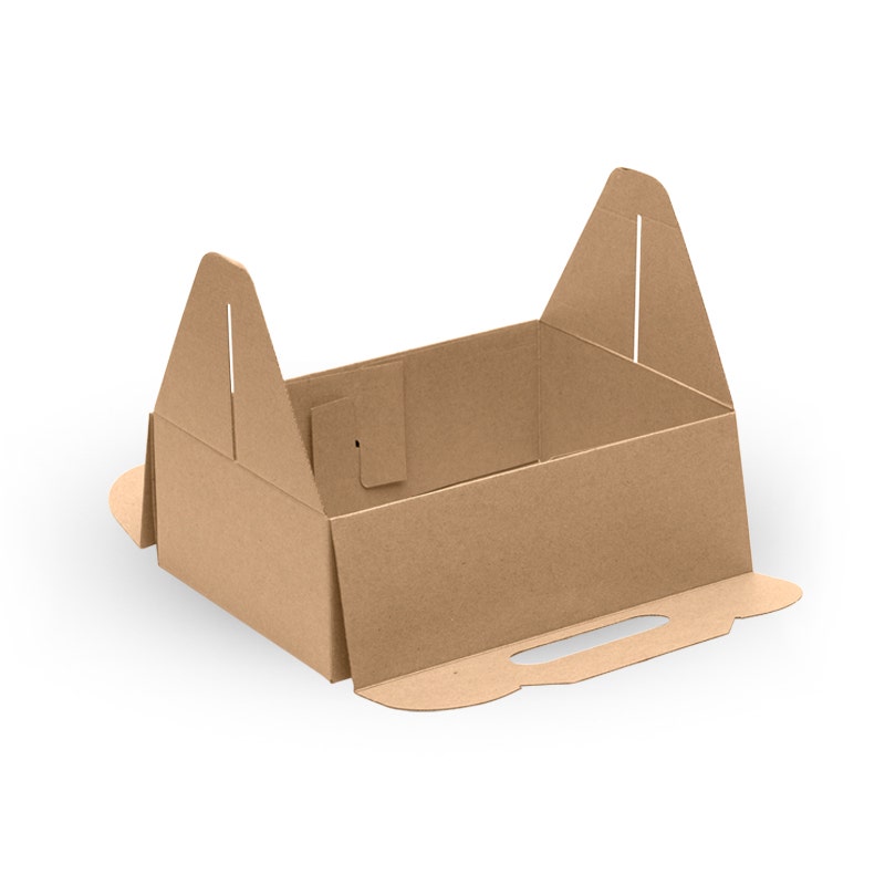A flat-packed, partially assembled Carry Tray Box made of brown cardboard, featuring two upright side flaps and a handle slot on the front flap.