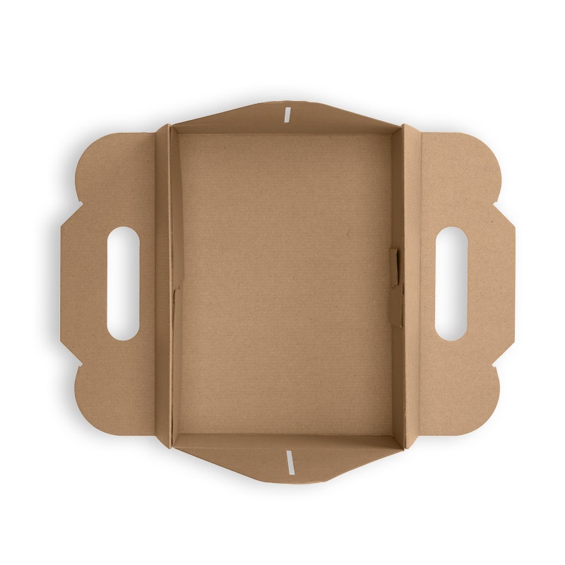 Flat carry tray box with cutout handles on each side, viewed from above, shown open and unfolded on a white background.