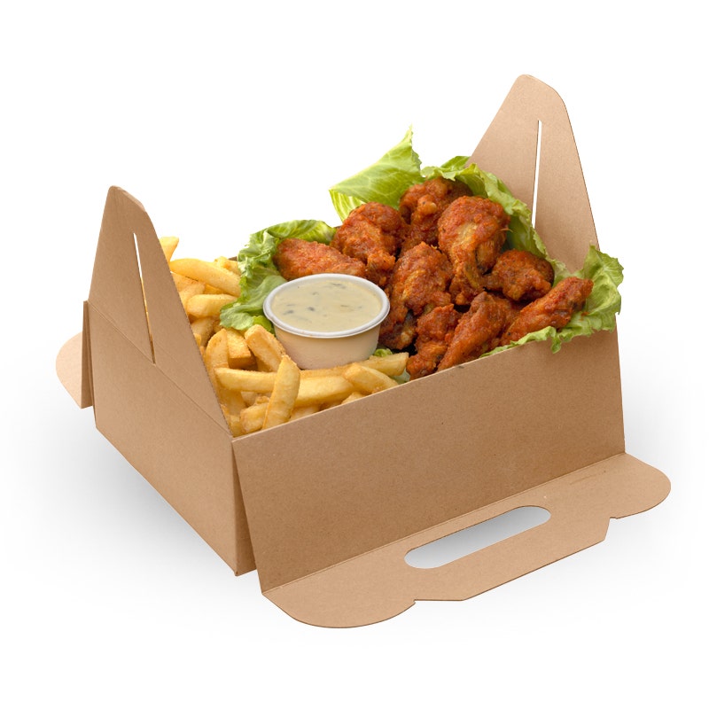 Cardboard carry tray box with fried chicken wings, French fries, a cup of dipping sauce, and lettuce leaves on the bottom.