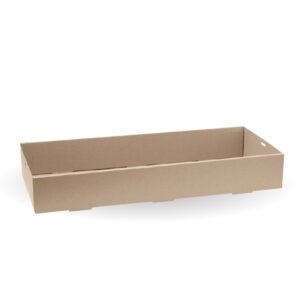 A plain, rectangular, light brown BioBoard Catering Tray Base with low sides and small cutout handles on each end.