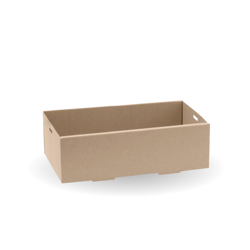 A plain, rectangular BioBoard Catering Tray with cutout handles on two sides, placed on a white background. This extra small catering tray base is perfect for serving or presenting food at events.