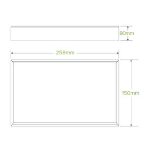 Technical drawing of a BioBoard Catering Tray, showing a rectangular Extra Small Catering Tray Base with dimensions labeled: width 258mm, height 150mm, and a side view height of 80mm.