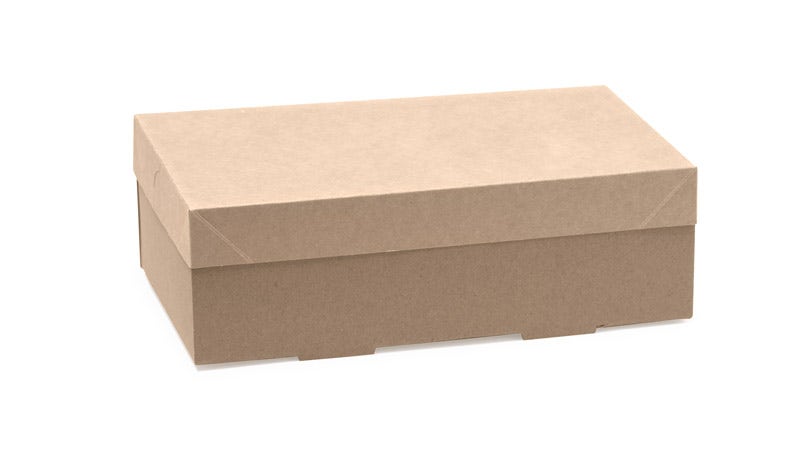 A closed, plain brown BioBoard Catering Tray with a fitted lid is shown on a white background.