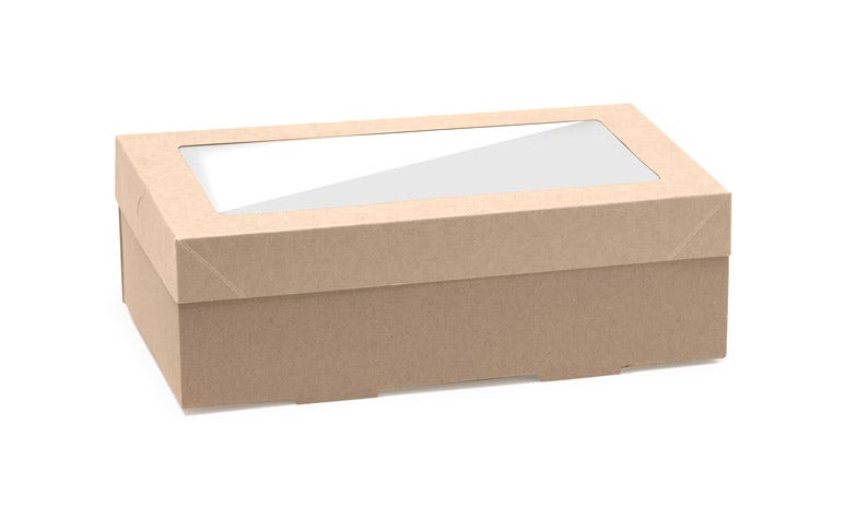 A rectangular brown BioBoard Catering Tray with a transparent window on the lid, placed on a white background.