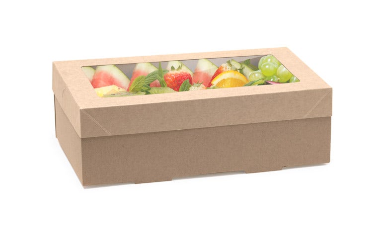 A BioBoard Catering Tray with a clear window on top displays an assortment of fresh sliced fruits, including watermelon, strawberries, grapes, and citrus.