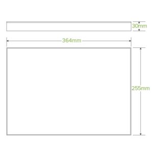 Technical drawing of a rectangular Catering Tray with dimensions labeled as 364mm wide, 255mm high, and 30mm thick; features a BioBoard base ideal for food service, compatible with a Tray Lid.