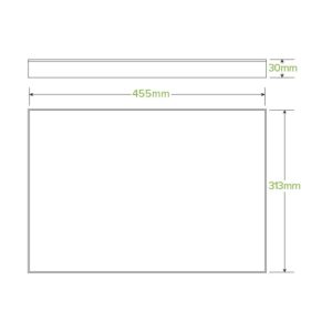 Diagram showing an Extra Large Catering Tray rectangle with dimensions labeled 455mm wide, 313mm high, and 30mm thick.