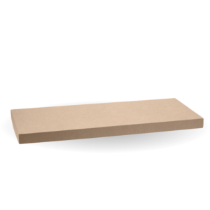 A rectangular, flat, brown BioBoard Catering Tray Lid with smooth edges, made from biodegradable material, isolated on a white background.