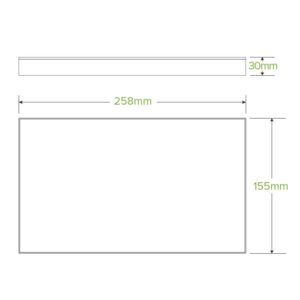 Diagram showing a rectangular BioBoard Catering Tray Lid with dimensions: length 258mm, height 155mm, and thickness 30mm. Measurements are indicated with arrows and labels on this eco-friendly catering lid.