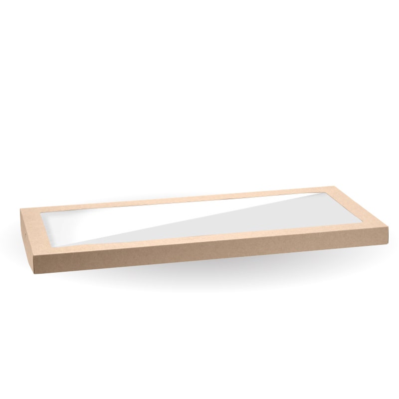 A large BioBoard Catering Tray made of cardboard, featuring a PLA window lid on top, shown against a white background.