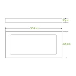 Technical drawing of a Large Catering Tray with dimensions: 564mm in length, 255mm in height, and 30mm in thickness, featuring a centered inner rectangle—ideal for BioBoard Catering Trays or use with a PLA Window Lid.