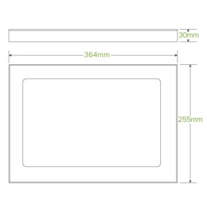 Technical drawing of a BioBoard Catering Tray Medium with dimensions: 364mm width, 255mm height, and 30mm thickness. The front face includes a centered inner rectangle, ideal for pairing with a PLA Window Lid.