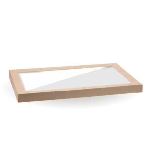 A rectangular, flat BioBoard Catering Tray with a PLA Window Lid sits against a white background, showcasing its extra large size and eco-friendly design.