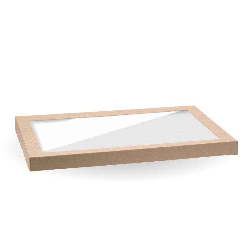 A rectangular, flat BioBoard Catering Tray with a PLA Window Lid sits against a white background, showcasing its extra large size and eco-friendly design.