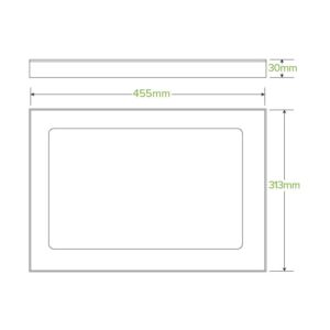 Technical drawing of a BioBoard Catering Tray with dimensions labeled: 455mm width, 313mm height, and 30mm thickness. An inner rectangle, representing the PLA Window Lid, is centered within the Extra Large Catering Tray.
