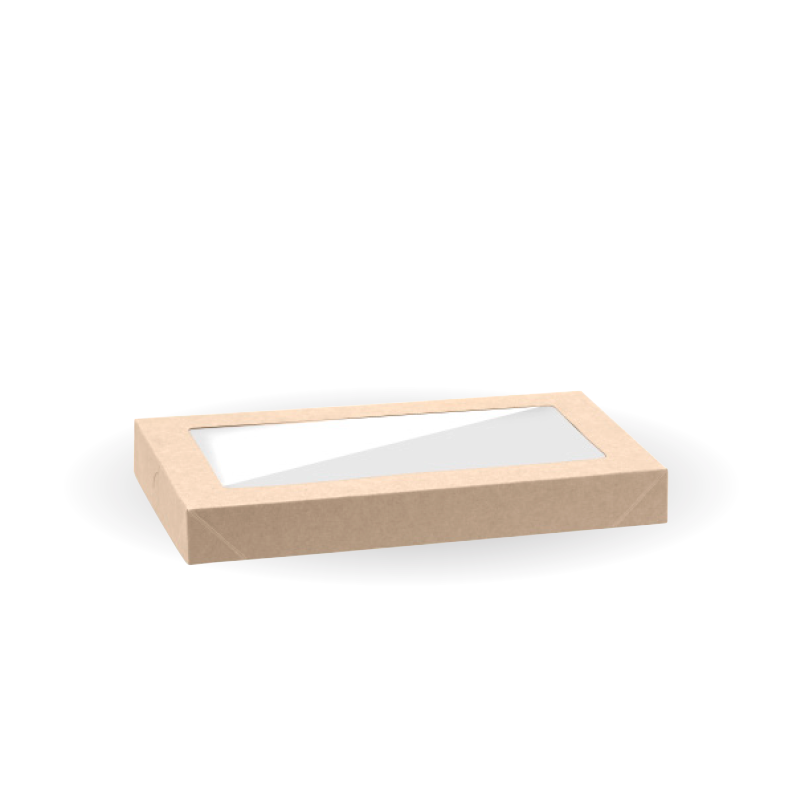 An Extra Small BioBoard Catering Tray, featuring a PLA window lid, is displayed as a rectangular cardboard box with a transparent window on the top, set against a plain white background.