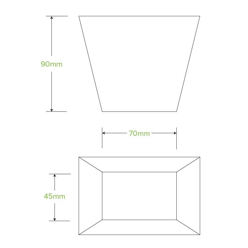 Line drawings of a tapered Chip BioBoard Box, showing height as 90mm, top width as 70mm, and base width as 45mm, with all dimensions labeled in green.