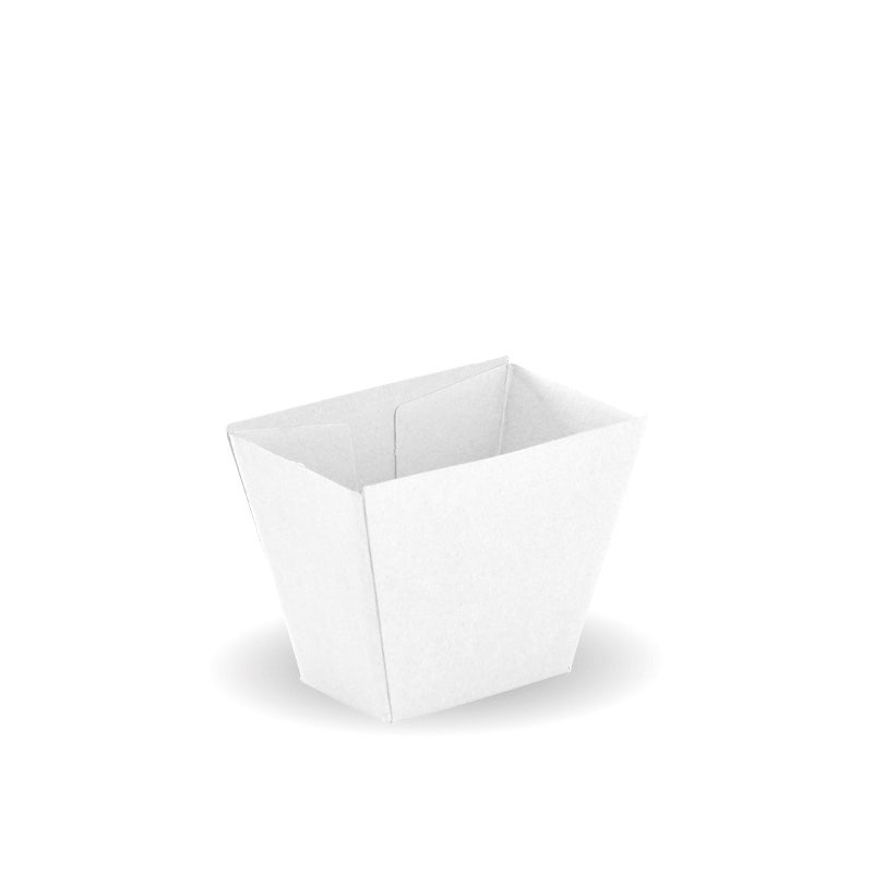 A plain, white Chip BioBoard food container with an open top, placed on a white background.