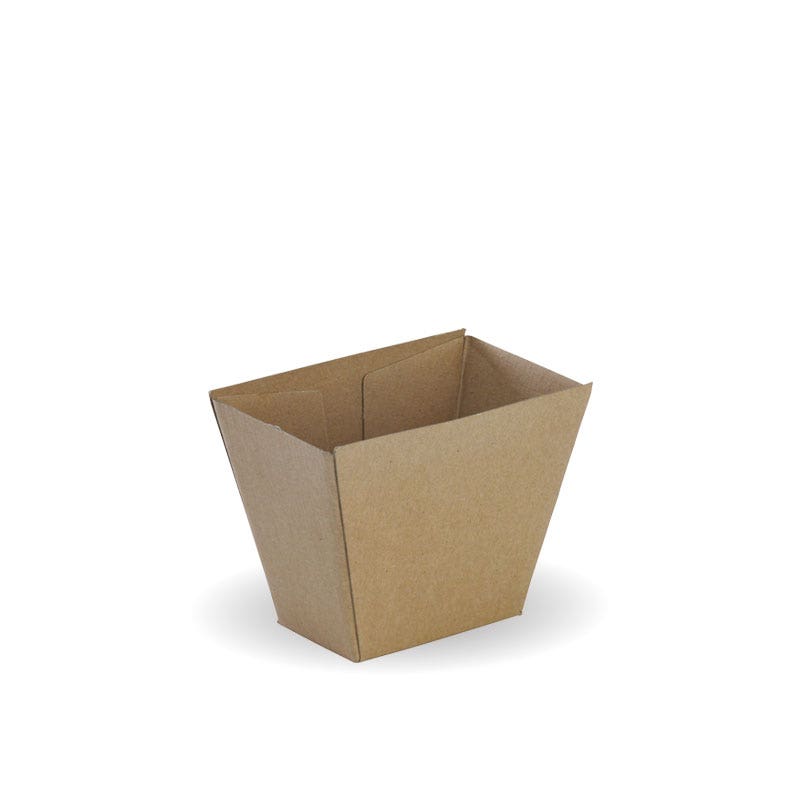A plain, brown, empty Chip BioBoard Box food container with an open top, set against a white background.