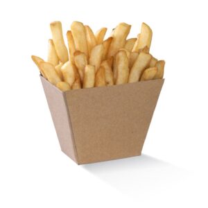 A serving of golden French fries in a plain Chip BioBoard Box, set against a white background.