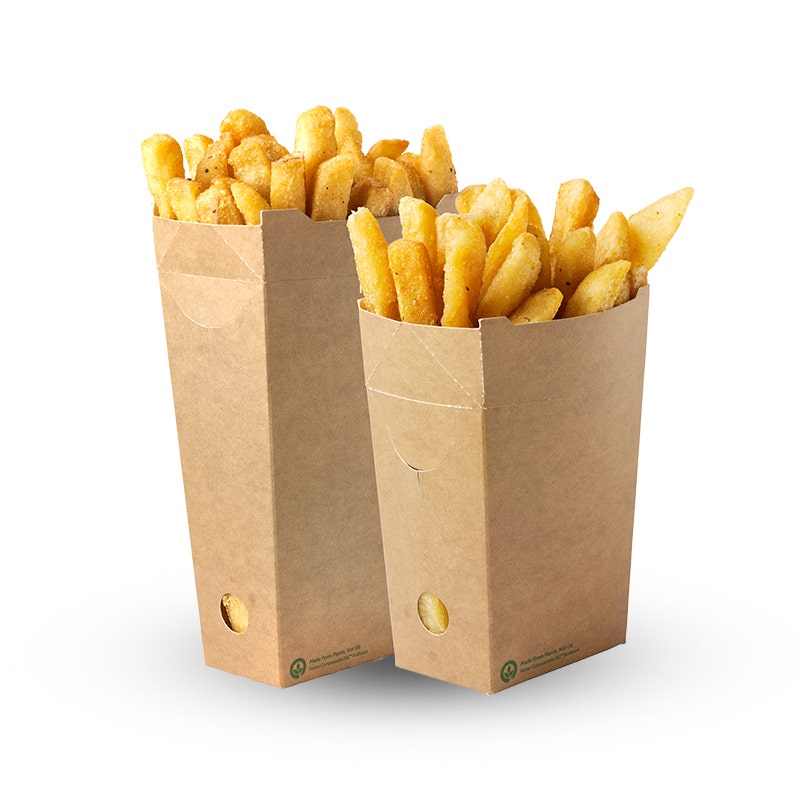 Two unlined BioBoard Chip Boxes filled with thick-cut seasoned French fries are set against a white background.