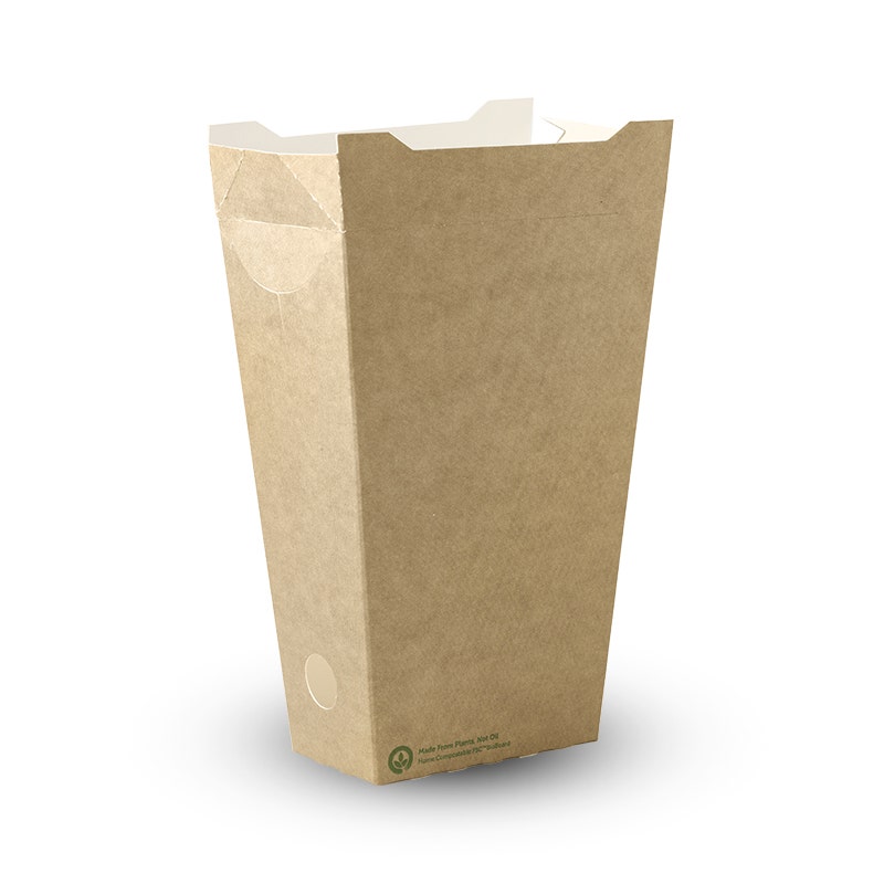 A tall, empty BioBoard Chip Box stands upright on a white backgroundโa large, unlined, brown cardboard popcorn box ready for use.