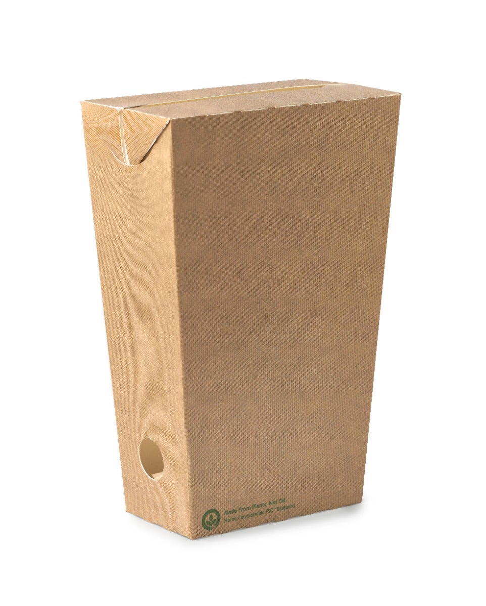 A plain brown BioBoard Chip Box with a small round hole near the bottom and a serrated top edge, standing on a white background.