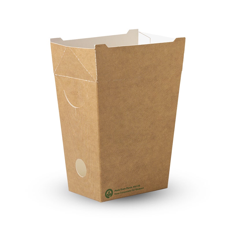 A plain brown Small Chip Box, empty and made of cardboard, stands upright with a partially open top on a white background.
