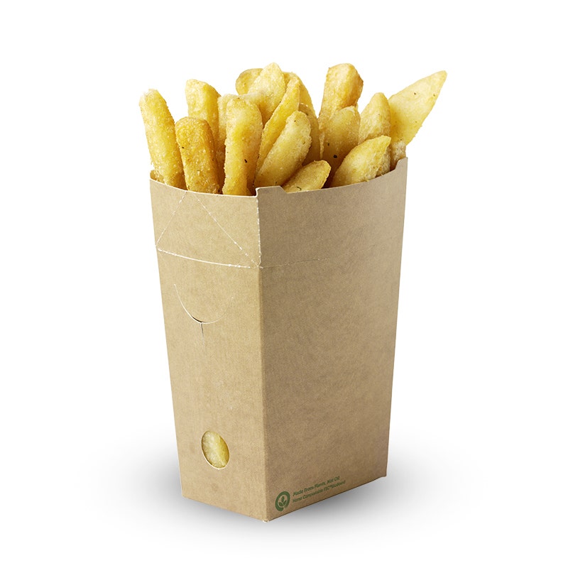 A BioBoard Chip Box filled with thick-cut, seasoned French fries sits against a white background.