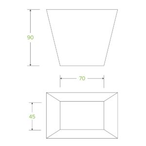 Line drawings of a White Box trapezoidal container shown from the side and top, with dimensions labeled: 90 (height), 70 (top width), and 45 (base width). Ideal for Chip Packaging or use as a Chip BioBoard.