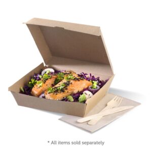 Two pieces of cooked salmon rest on a bed of shredded purple cabbage in a Dinner BioBoard Box, with a wooden fork and knife on a napkin beside it.