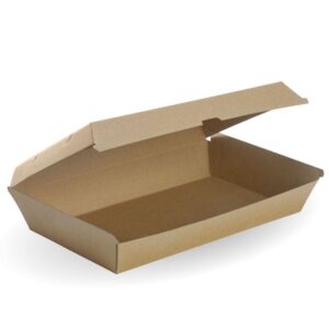 A plain, rectangular, brown Family BioBoard Box food container with an open hinged lid, shown on a white background.