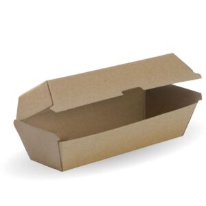 A plain brown BioBoard Box food container with an attached lid shown open, perfect for holding a hot dog.