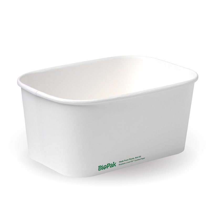 A plain, white rectangular White Takeaway Container with rounded edges and the green BioPak logo printed on one side; this 1000ml Takeaway Base is ideal for serving meals sustainably.