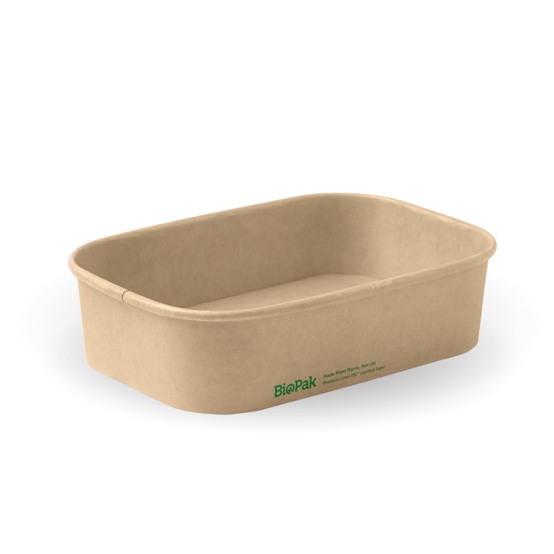 Rectangular, beige 500ml Takeaway Base compostable food tray with rounded corners and "BioPak" branding printed on one side.