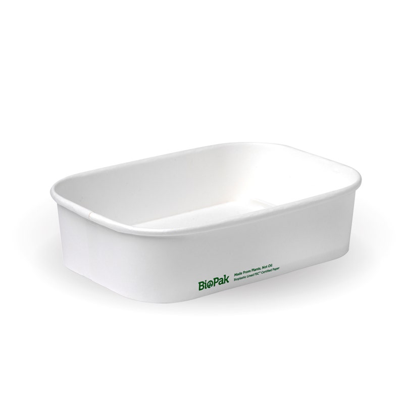 Rectangular white BioPak 500ml BioBoard Takeaway Base container with green logo and rounded edges, photographed on a white background.