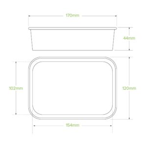 Line drawing of a 500ml Takeaway Base: rectangular container with dimensions 170mm length, 120mm width, 44mm height, 154mm inner length, and 102mm inner width.