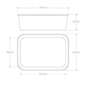 Technical drawing of a BioBoard Takeaway Base, a rectangular container with dimensions: 170mm length, 120mm width, 98mm base width, 150mm base length, and 52mm height.