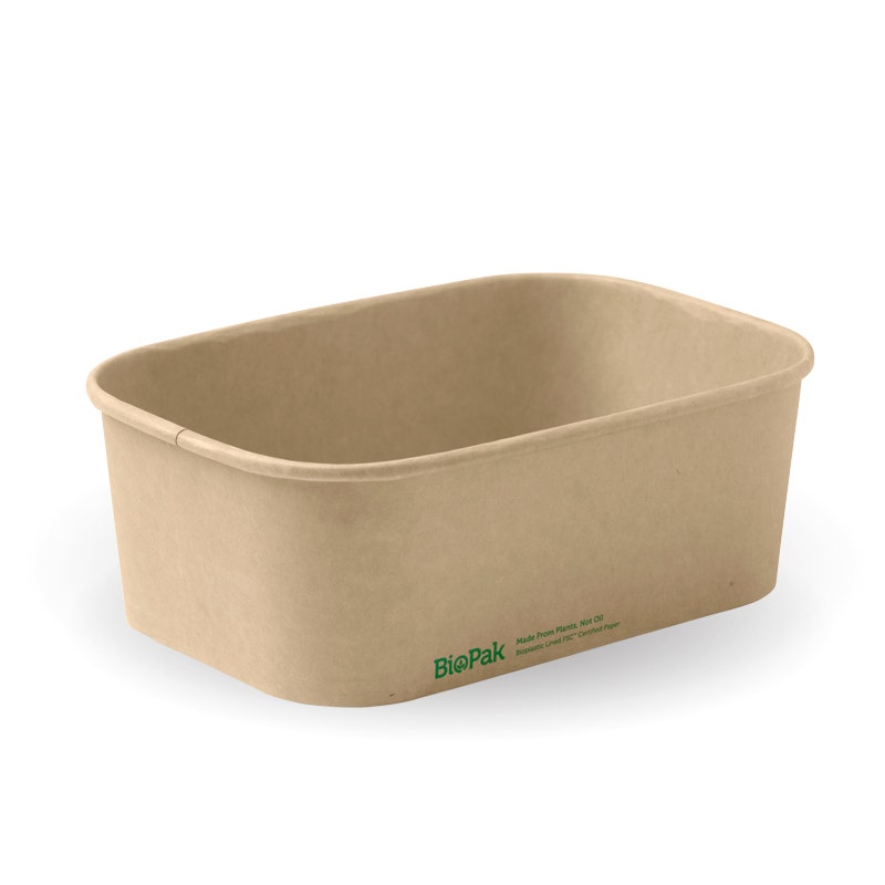 Rectangular, beige Kraft BioBoard 750ml compostable food container with rounded corners and the BioPak logo printed in green on the side—ideal as a sustainable takeaway base.