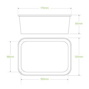 Line drawing of a Kraft BioBoard 750ml Takeaway Base: rectangular container with dimensions—170mm length, 120mm width, 98mm inner width, 60mm height, and 150mm inner length.