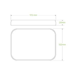Line drawing of a BioBoard rectangular takeaway lid with rounded corners, showing labeled dimensions: 172mm wide, 122mm tall, and 20mm thick.