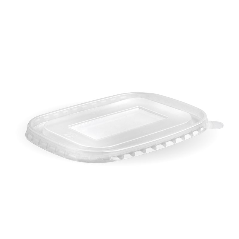 Clear plastic rectangular PP BioBoard Takeaway Lid with a small pull tab, shown on a plain white background.
