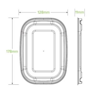 Technical drawing of a rectangular White Takeaway Lid with dimensions: 128mm width, 178mm height, and 11mm thickness, shown from top and side views.