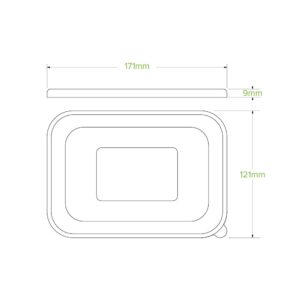 Line drawing of a 1000ml rectangular container with BioBoard Takeaway Lid, showing dimensions: 171mm wide, 121mm tall, and lid thickness of 9mm. The RPET lid ensures secure and eco-friendly closure.