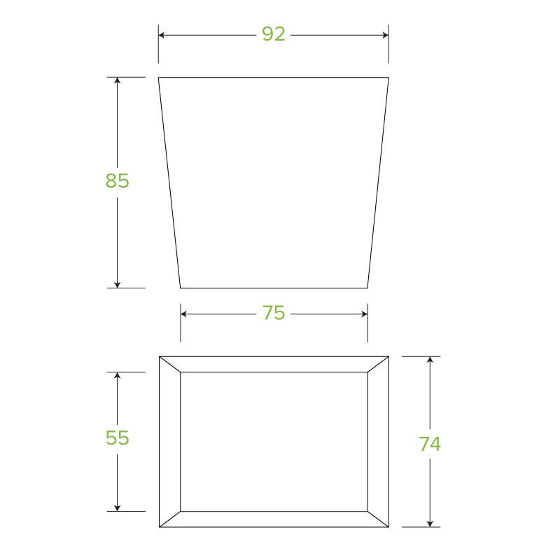 Line drawing of a BioBoard Noodle Box showing a tapered container with dimensions: top width 92, height 85, bottom width 75; base 55 by 74. Measurements are in unspecified units.