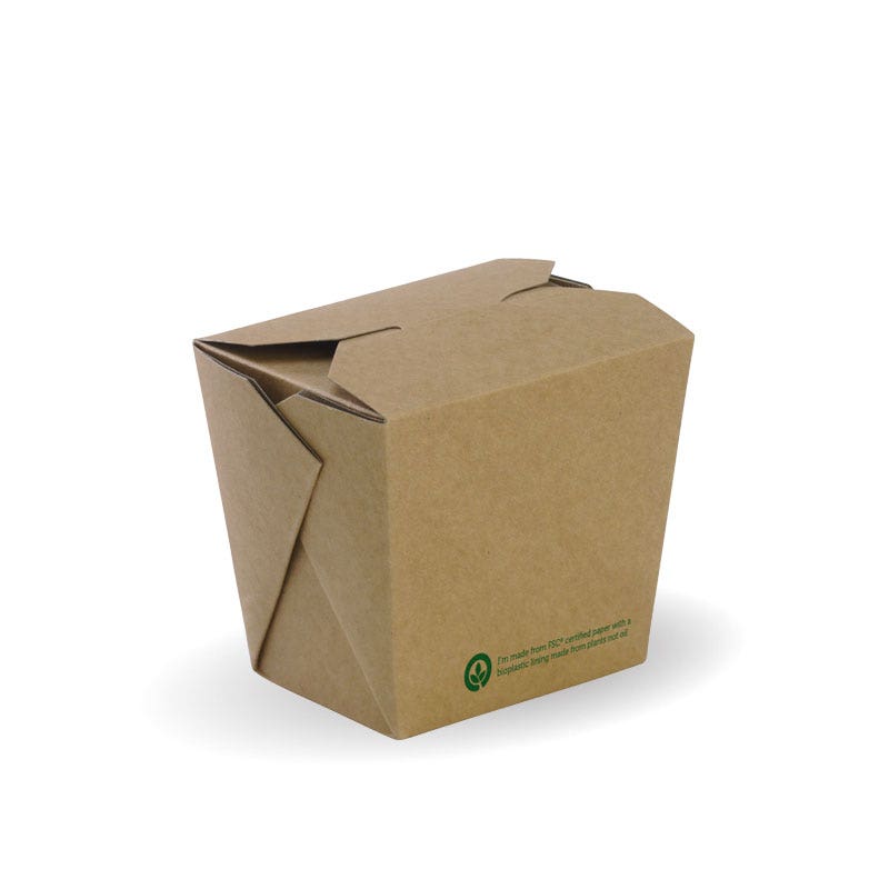 A closed brown BioBoard Noodle Box takeout food container is shown on a white background.