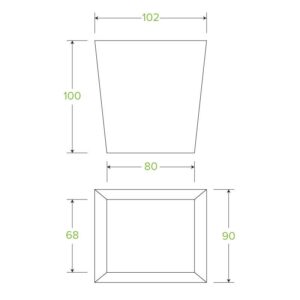 Technical drawing of a trapezoidal BioBoard Noodle Box with dimensions: top width 102, bottom width 80, height 100; base rectangle is 68 by 90. Ideal for a 26oz or 780ml Noodle Box. Measurements are in unspecified units.