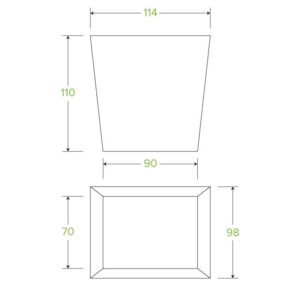 Line drawing diagram of a 960ml Noodle Box with dimensions: top width 114, bottom width 90, height 110, side view height 70, and side view width 98. Measurements are shown in green.