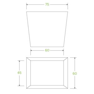 Line drawing of a BioBoard Noodle Box in a trapezoidal shape, shown from the front and top, with dimensions: top width 75 cm, bottom width 60 cm, height 45 cm, depth 60 cm.